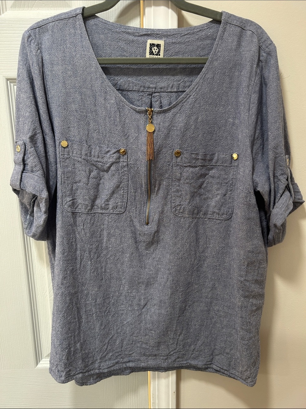 Anne Klein Light Blue Short-Sleeve Pocket Shirt with Zip
